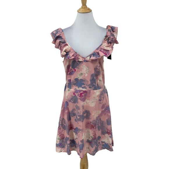 Wildfox Blair Dress Women L Large Soft Abstract Watercolor Ruffled V Neck A Line - Picture 1 of 14